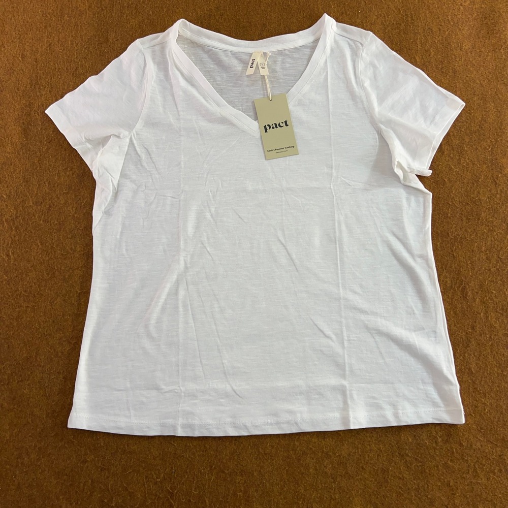 Pact Womens Large White Featherweight Slub V-Neck Organic Cotton T-Shirt NWT